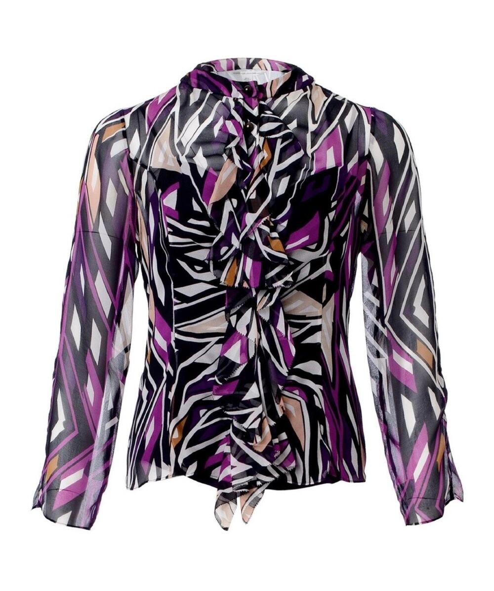 Diane Von Furstenberg Sheer Long Sleeve Silk Blouse Women's 10 Printed Ruffle